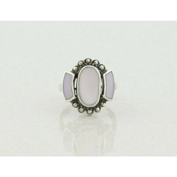 Sterling Silver Mother of Pearl and Marcasite Ring Size 6 1/4 - Picture 7 of 8